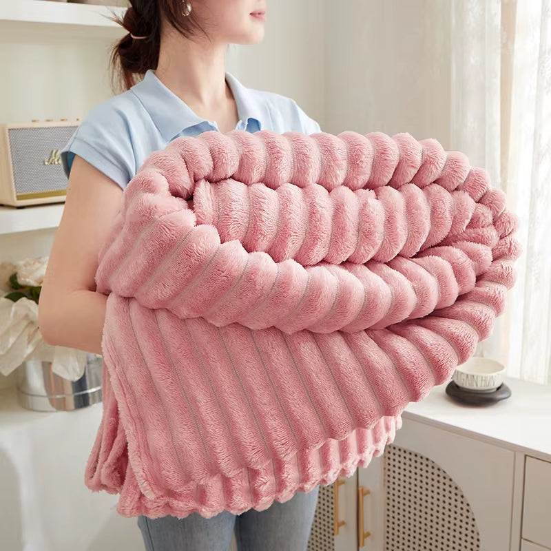 Thickened Striped Flannel Multi-Functional Blanket, Warm Cozy Throw Blanket Suitable for Sofas, Beds and Offices