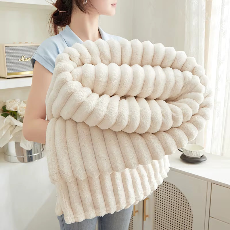 Thickened Striped Flannel Multi-Functional Blanket, Warm Cozy Throw Blanket Suitable for Sofas, Beds and Offices